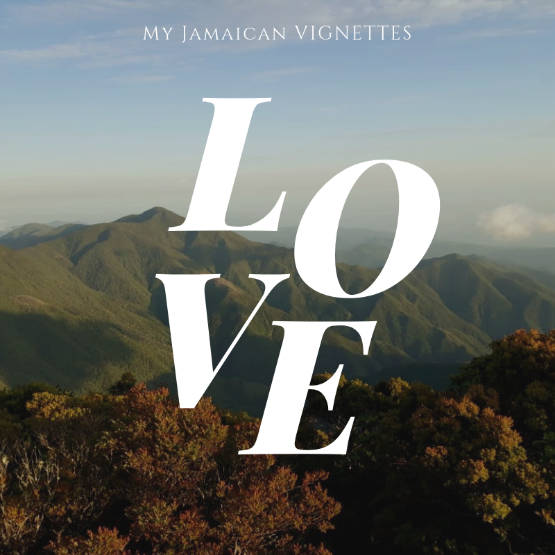 Love against image of the Blue Mountains, Jamaica. 