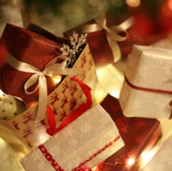 Close up of Christmas decorations and gift wrapping and bags