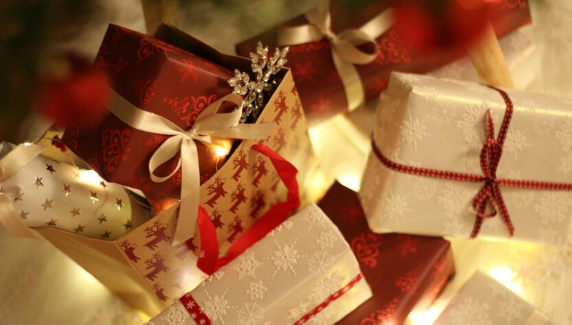 Close up of Christmas decorations and gift wrapping and bags